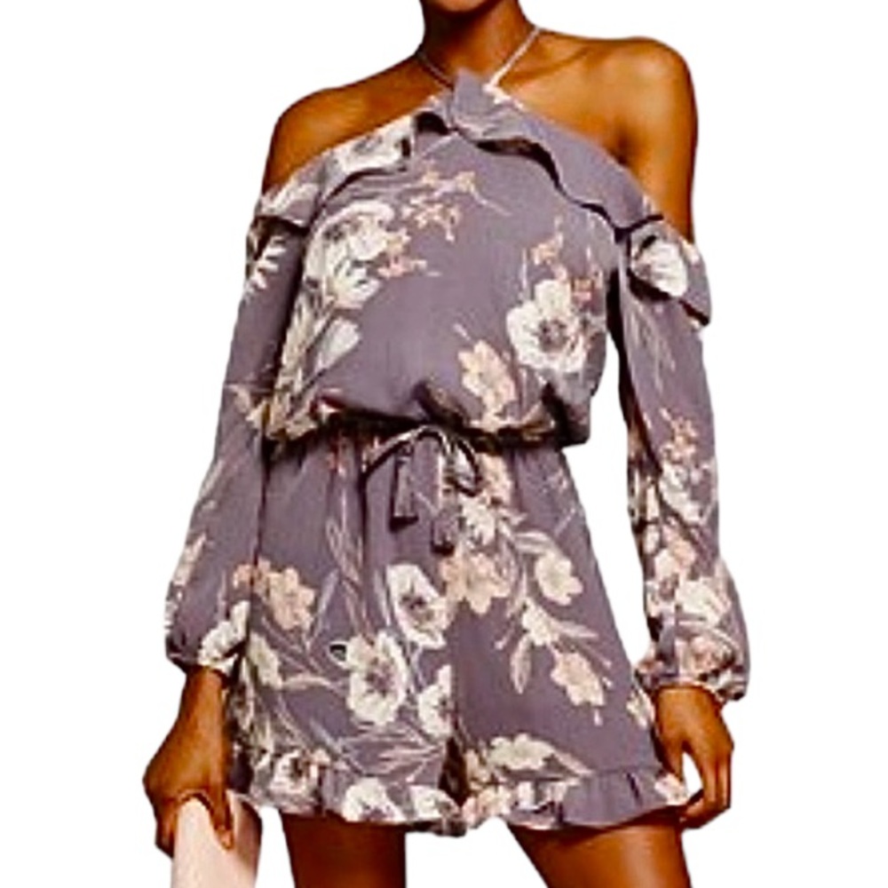 Xhilaration Gray Floral Ruffled Cold Shoulder Halter Neck Tie Waist Romper